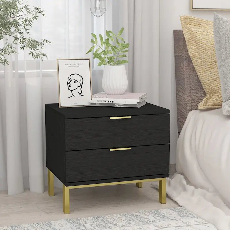 Table de chevet moderne à 2 tiroirs noir/blanc avec base ouverte dorée – 1 unité