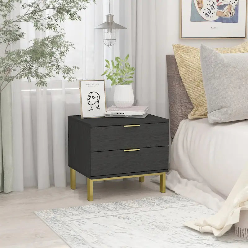 Table de chevet moderne à 2 tiroirs noir/blanc avec base ouverte dorée – 1 unité