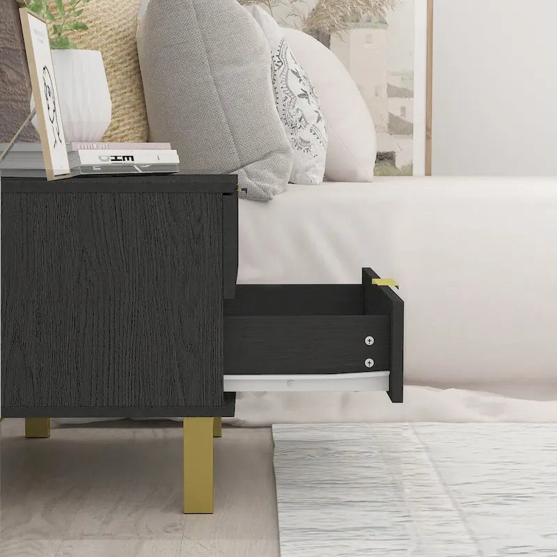 Table de chevet moderne à 2 tiroirs noir/blanc avec base ouverte dorée – 1 unité