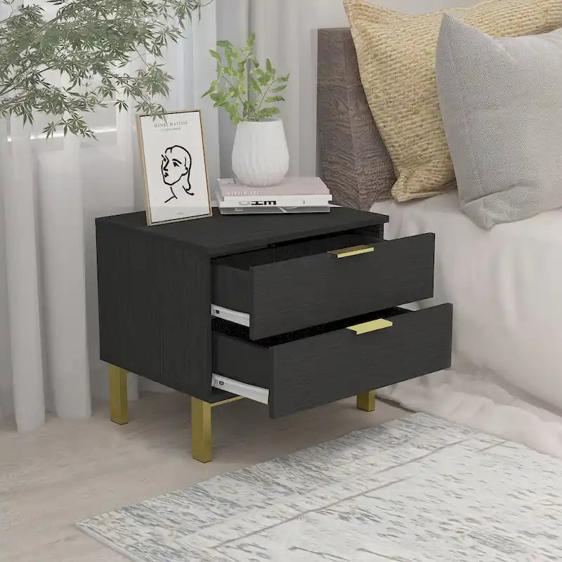 Table de chevet moderne à 2 tiroirs noir/blanc avec base ouverte dorée – 1 unité