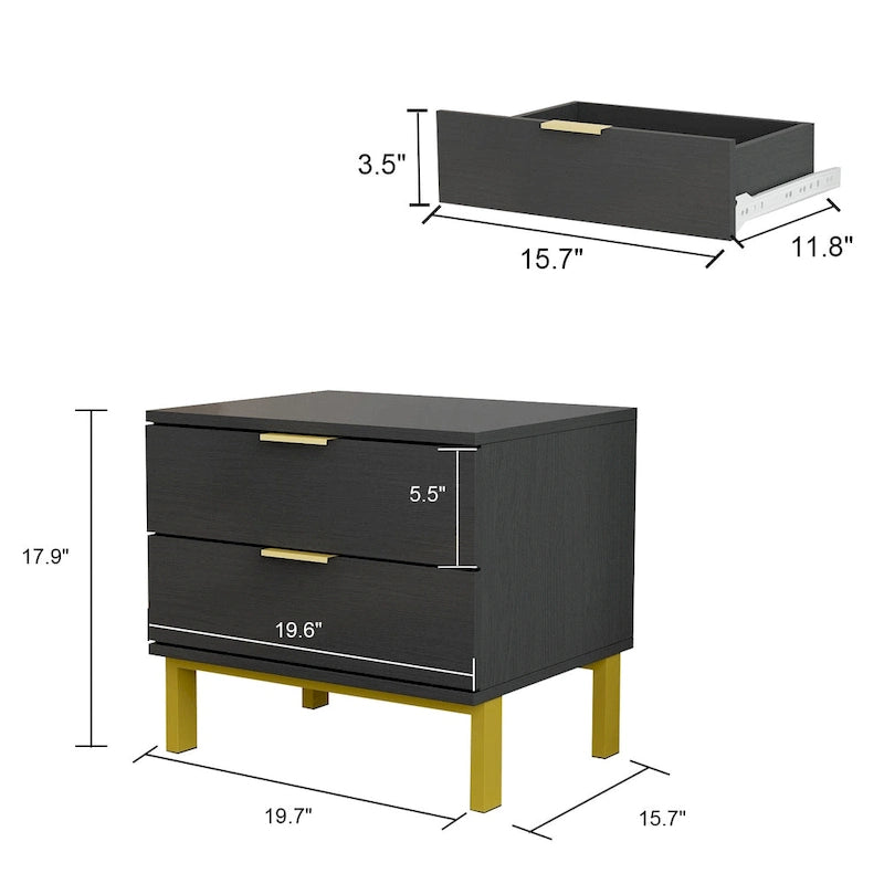 Table de chevet moderne à 2 tiroirs noir/blanc avec base ouverte dorée – 1 unité