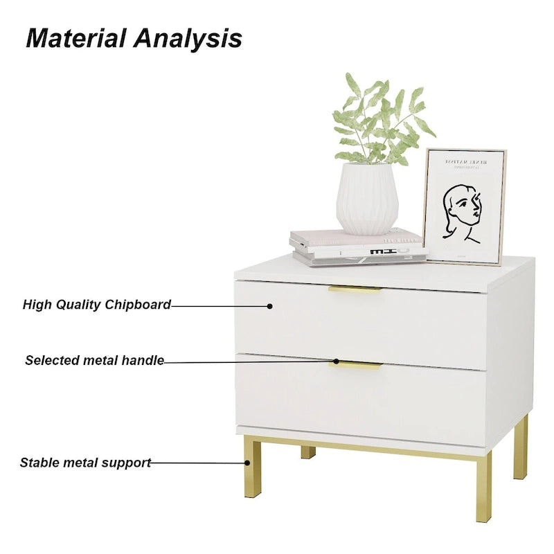 Table de chevet moderne à 2 tiroirs noir/blanc avec base ouverte dorée – 1 unité