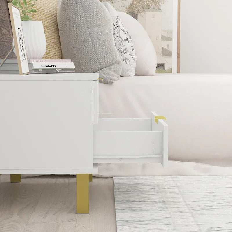 Table de chevet moderne à 2 tiroirs noir/blanc avec base ouverte dorée – 1 unité