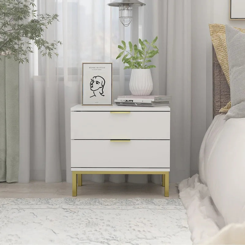 Table de chevet moderne à 2 tiroirs noir/blanc avec base ouverte dorée – 1 unité