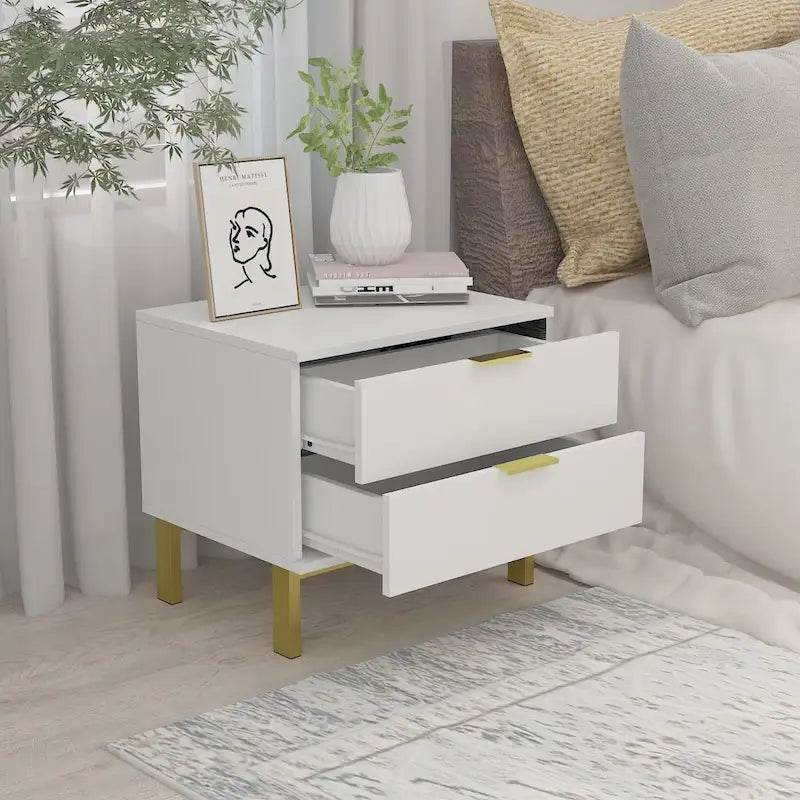 Table de chevet moderne à 2 tiroirs noir/blanc avec base ouverte dorée – 1 unité
