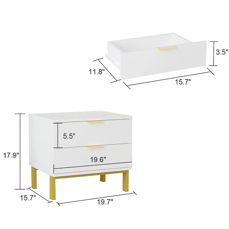 Table de chevet moderne à 2 tiroirs noir/blanc avec base ouverte dorée – 1 unité