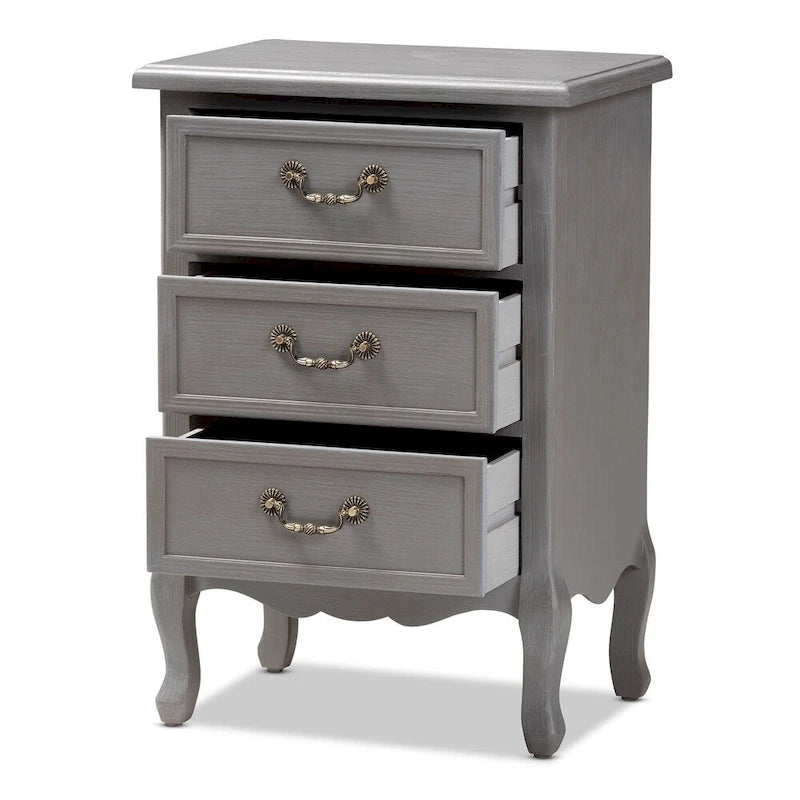 Table d'appoint à 3 tiroirs en bois, style cottage français, gris/blanc