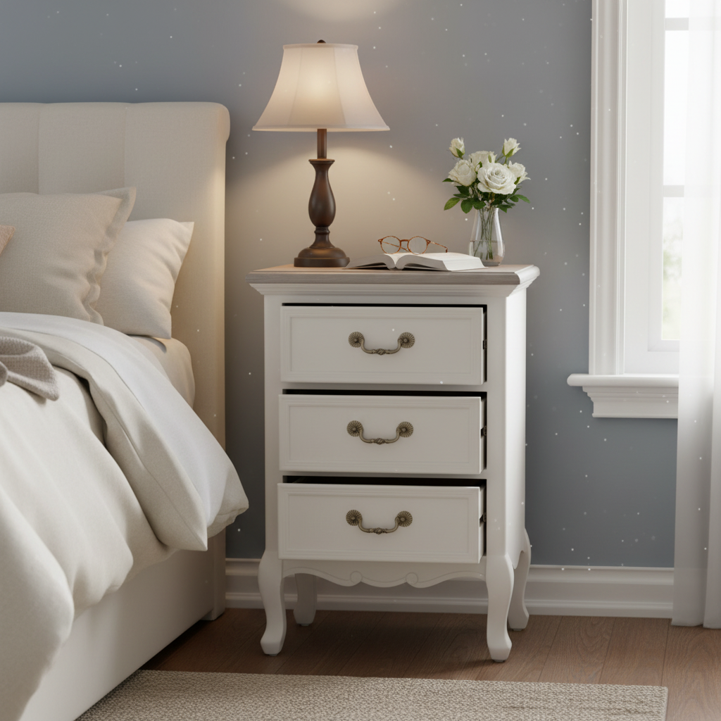 Table d'appoint à 3 tiroirs en bois, style cottage français, gris/blanc