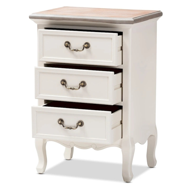 Table d'appoint à 3 tiroirs en bois, style cottage français, gris/blanc