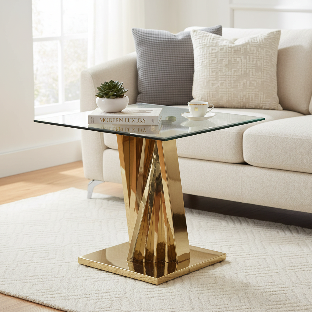 Table d'appoint à plateau en verre et à base en spirale dorée – Style glamour