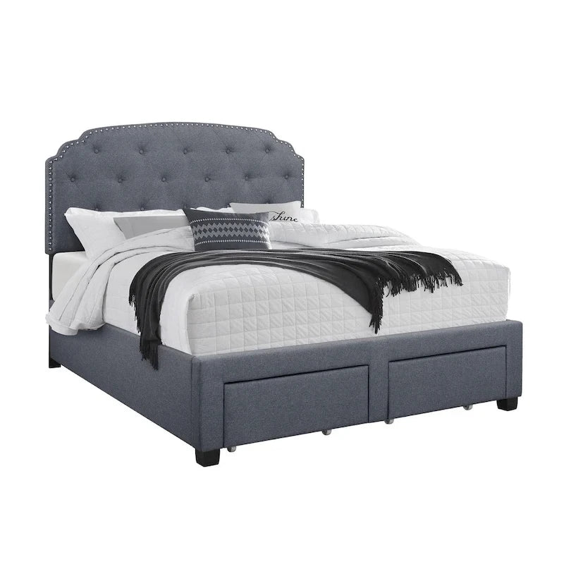 Lit capitonné gris/beige avec tête de lit capitonnée à boutons et 2 tiroirs de rangement – Grand lit/Très grand lit