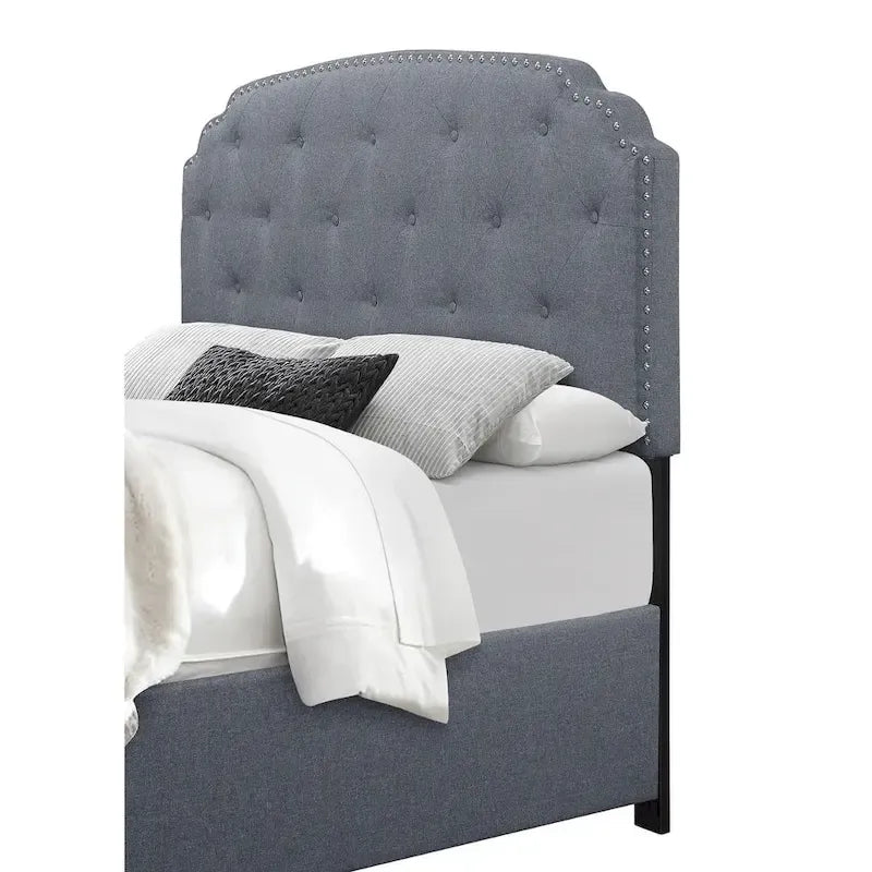 Lit capitonné gris/beige avec tête de lit capitonnée à boutons et 2 tiroirs de rangement – Grand lit/Très grand lit