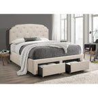 Lit capitonné gris/beige avec tête de lit capitonnée à boutons et 2 tiroirs de rangement – Grand lit/Très grand lit