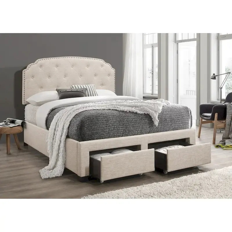 Lit capitonné gris/beige avec tête de lit capitonnée à boutons et 2 tiroirs de rangement – Grand lit/Très grand lit