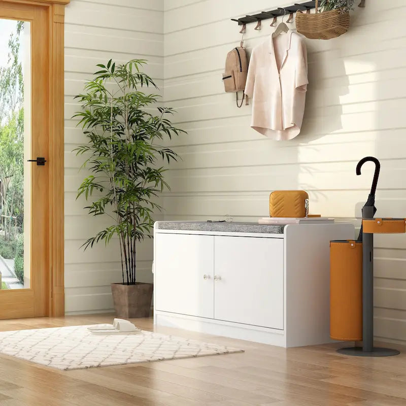 Banc de rangement pour chaussures rembourré blanc/noir avec armoire à porte – 1 place