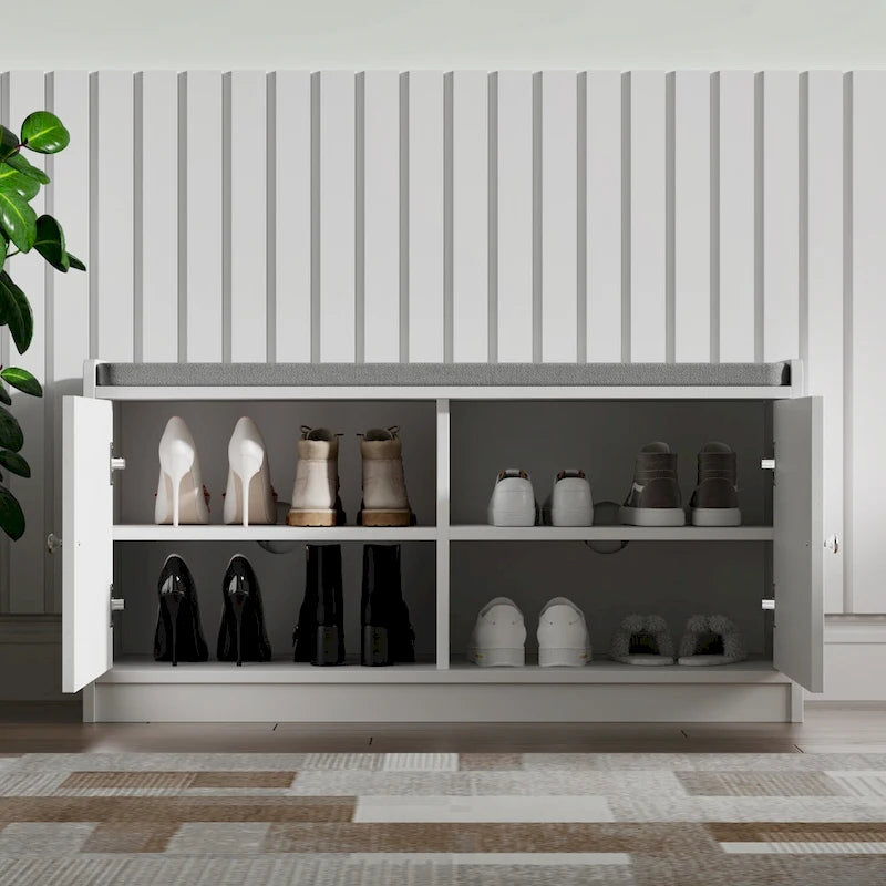 Banc de rangement pour chaussures rembourré blanc/noir avec armoire à porte – 1 place