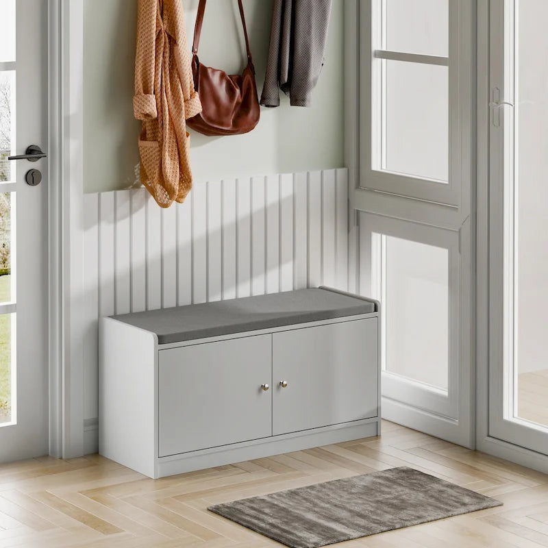 Banc de rangement pour chaussures rembourré blanc/noir avec armoire à porte – 1 place