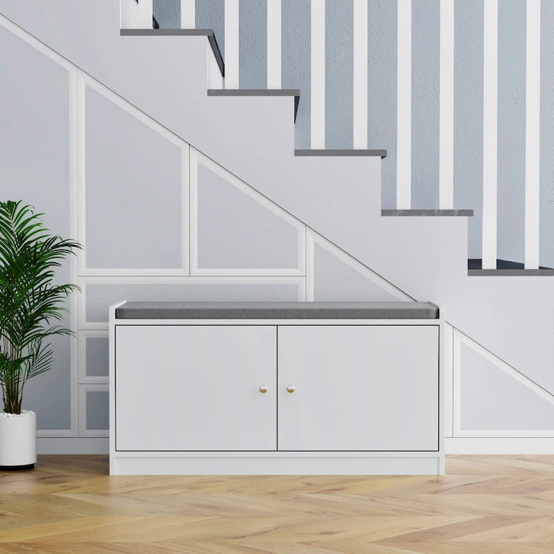 Banc de rangement pour chaussures rembourré blanc/noir avec armoire à porte – 1 place