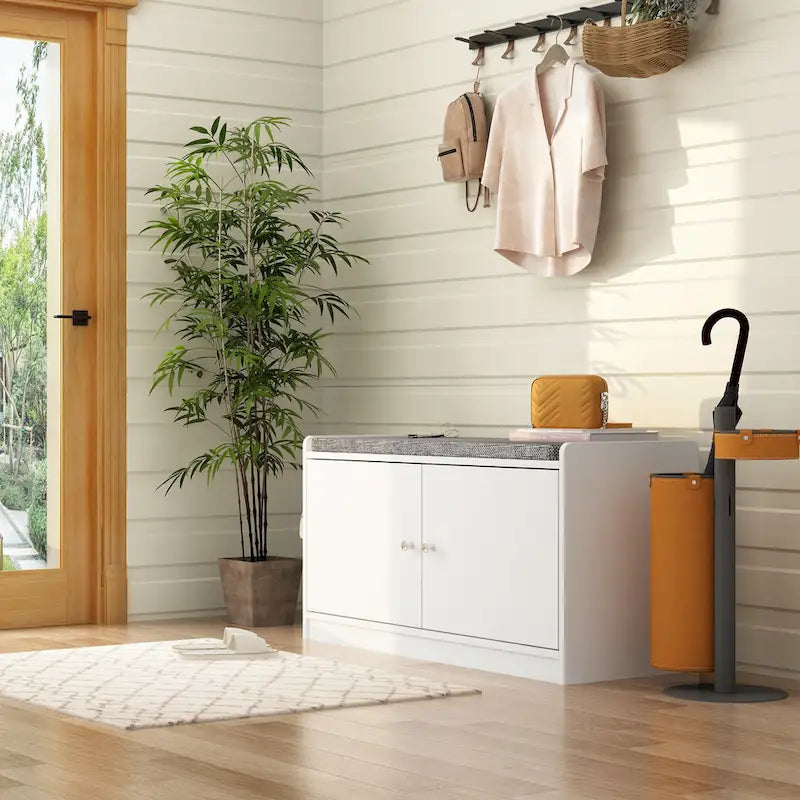 Banc de rangement pour chaussures rembourré blanc/noir avec armoire à porte – 1 place
