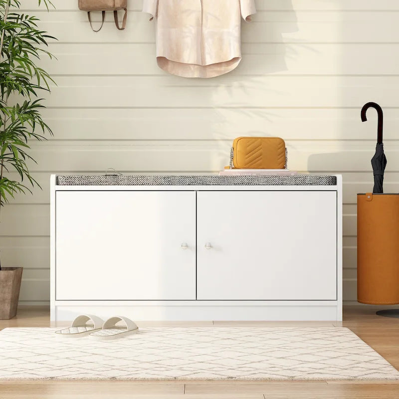 Banc de rangement pour chaussures rembourré blanc/noir avec armoire à porte – 1 place