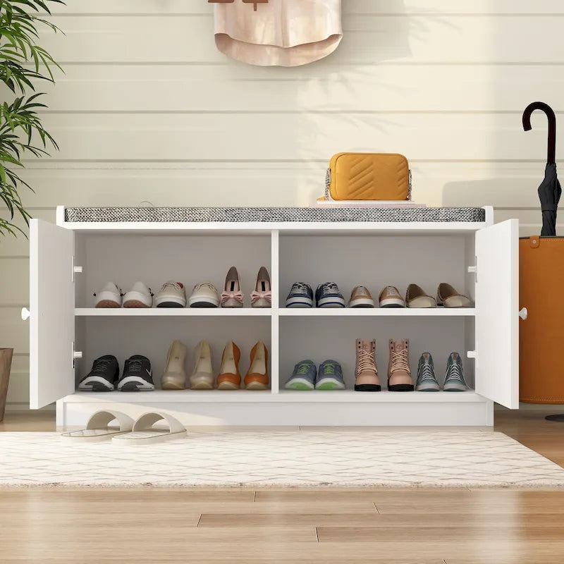 Banc de rangement pour chaussures rembourré blanc/noir avec armoire à porte – 1 place