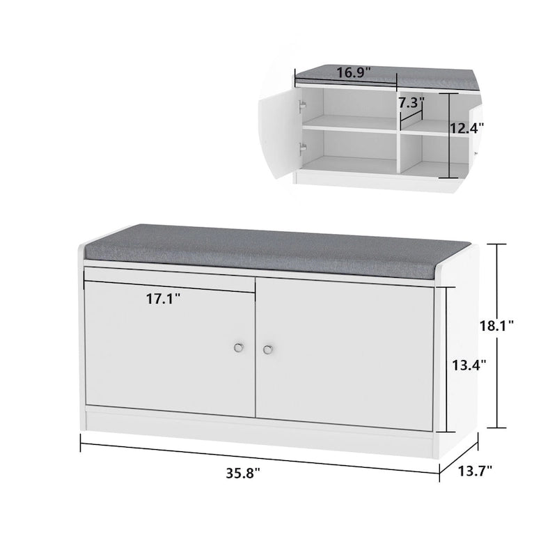 Banc de rangement pour chaussures rembourré blanc/noir avec armoire à porte – 1 place