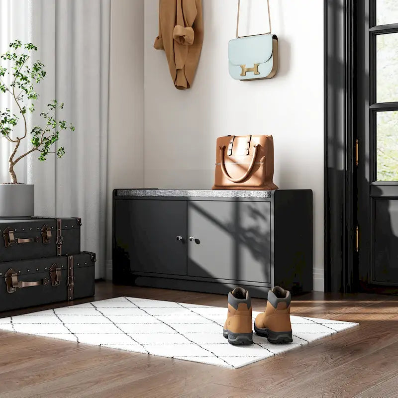 Banc de rangement pour chaussures rembourré blanc/noir avec armoire à porte – 1 place