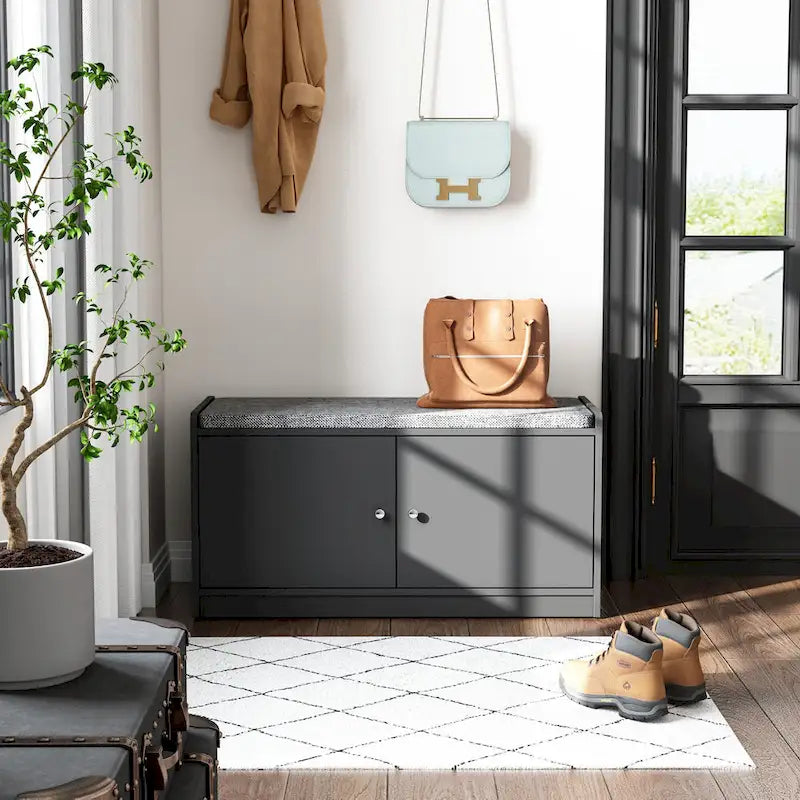 Banc de rangement pour chaussures rembourré blanc/noir avec armoire à porte – 1 place
