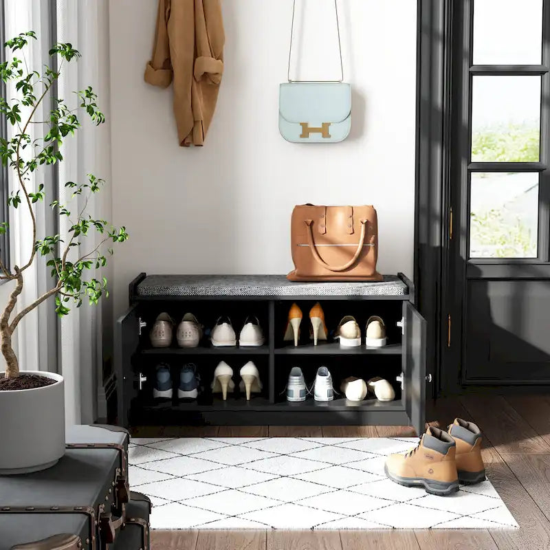 Banc de rangement pour chaussures rembourré blanc/noir avec armoire à porte – 1 place