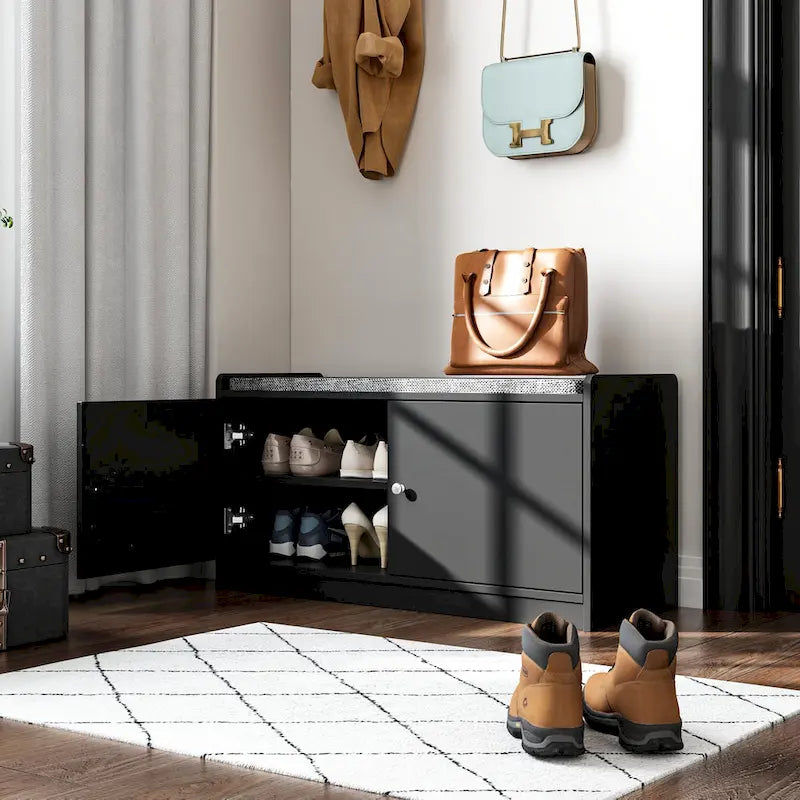 Banc de rangement pour chaussures rembourré blanc/noir avec armoire à porte – 1 place