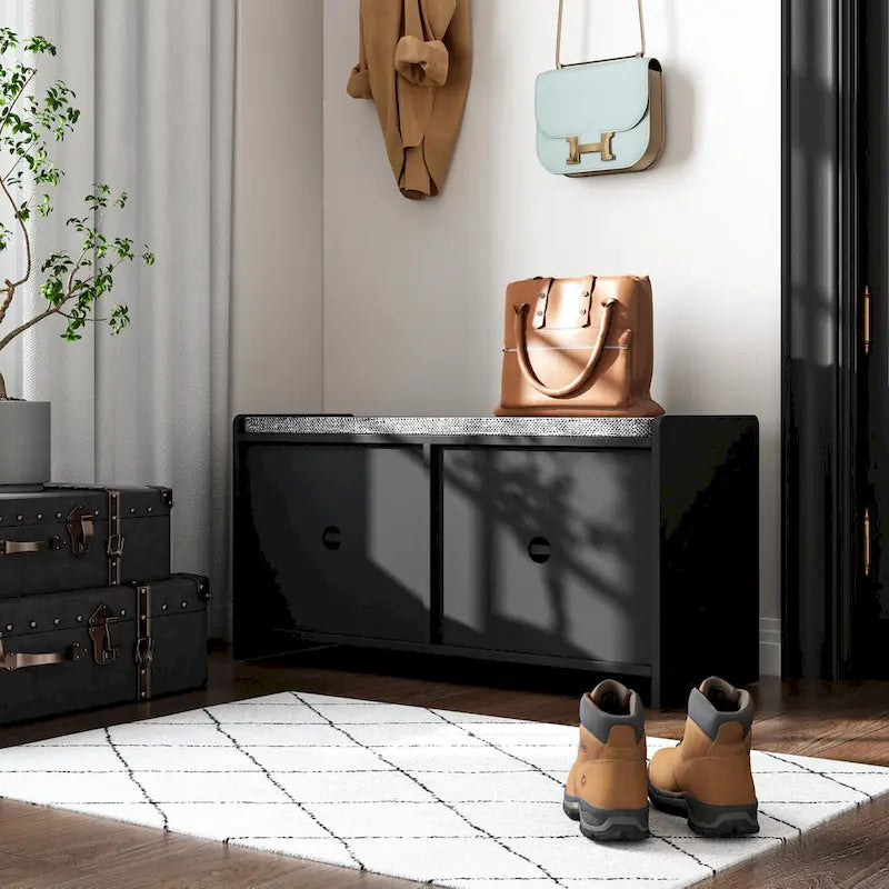 Banc de rangement pour chaussures rembourré blanc/noir avec armoire à porte – 1 place
