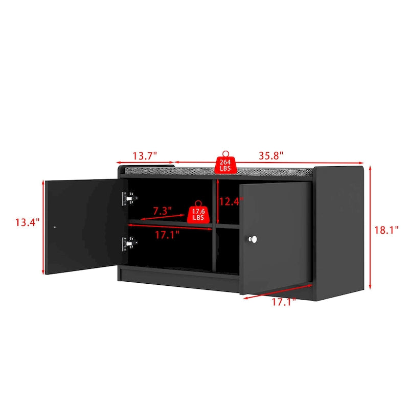 Banc de rangement pour chaussures rembourré blanc/noir avec armoire à porte – 1 place