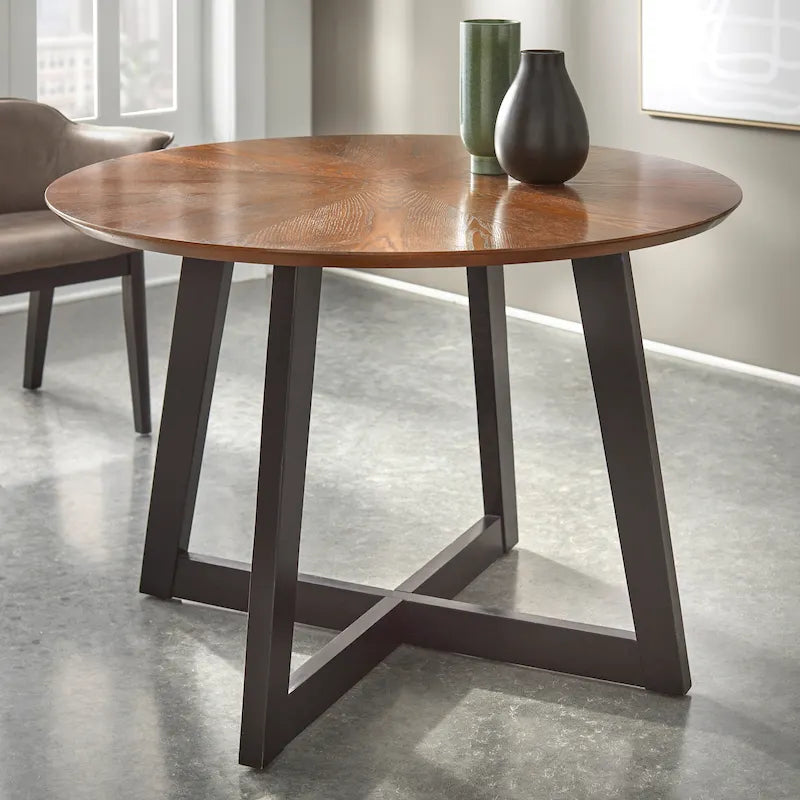 Table à manger ronde 4 places en noyer et noir avec plateau rayonnant, style Mid-Century