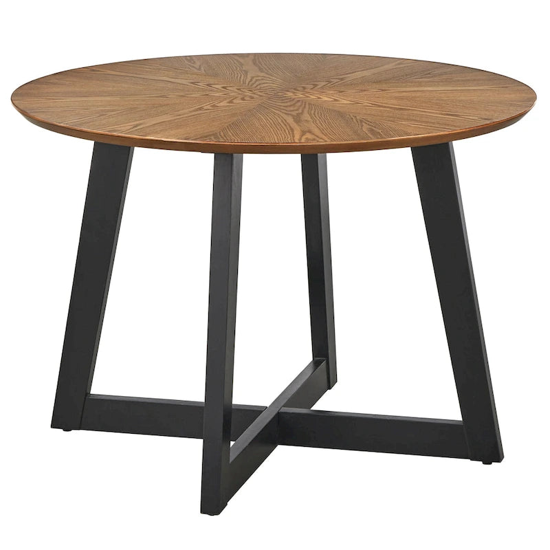 Table à manger ronde 4 places en noyer et noir avec plateau rayonnant, style Mid-Century