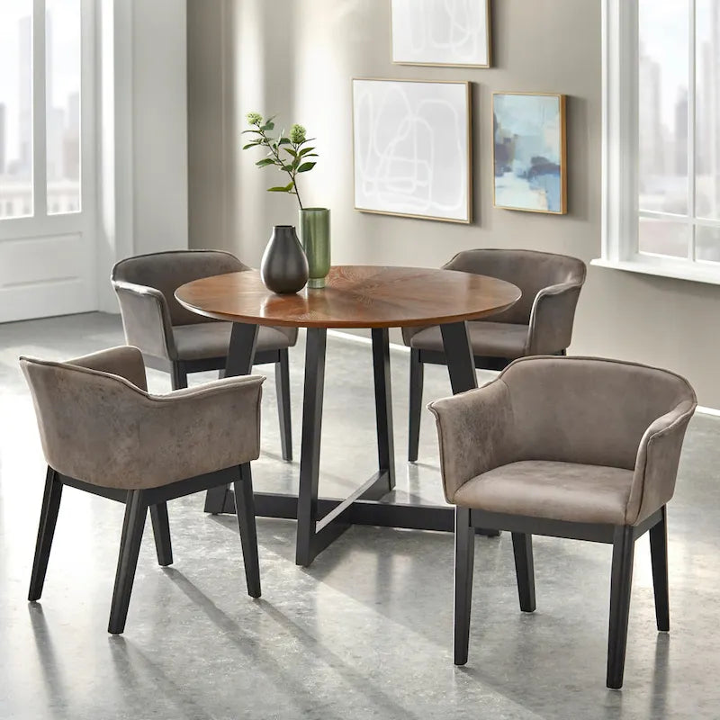 Table à manger ronde 4 places en noyer et noir avec plateau rayonnant, style Mid-Century