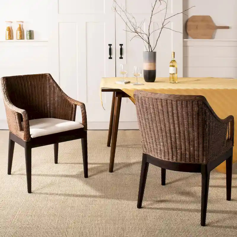 Fauteuil de salle à manger en rotin tressé marron/blanc avec coussin en coton – 1 place