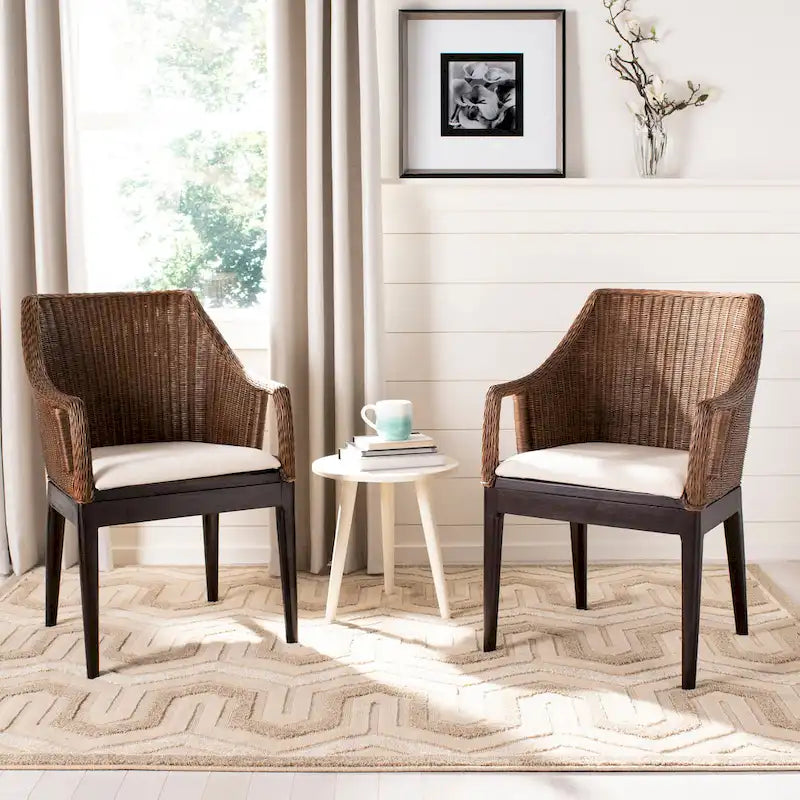 Fauteuil de salle à manger en rotin tressé marron/blanc avec coussin en coton – 1 place