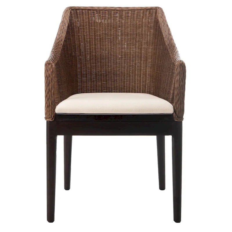 Fauteuil de salle à manger en rotin tressé marron/blanc avec coussin en coton – 1 place