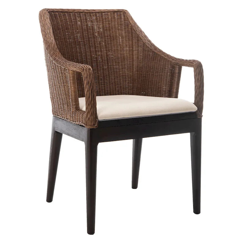 Fauteuil de salle à manger en rotin tressé marron/blanc avec coussin en coton – 1 place