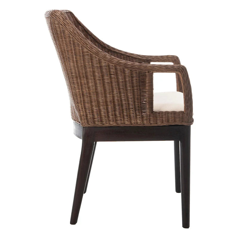 Fauteuil de salle à manger en rotin tressé marron/blanc avec coussin en coton – 1 place
