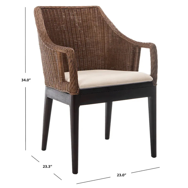 Fauteuil de salle à manger en rotin tressé marron/blanc avec coussin en coton – 1 place