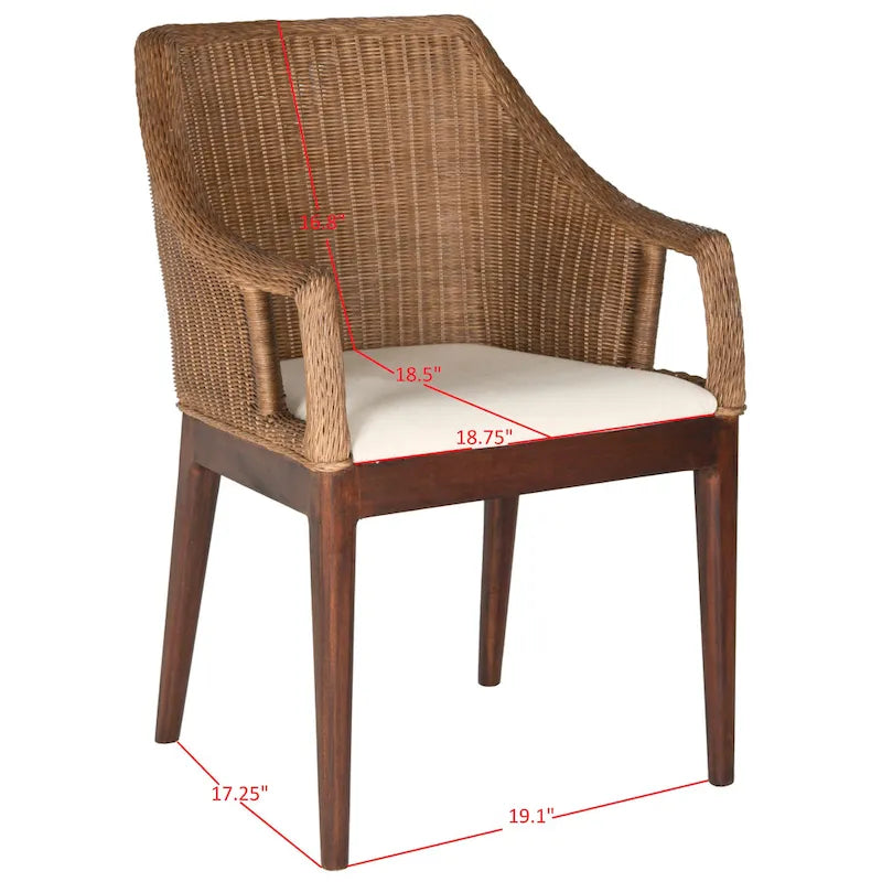 Fauteuil de salle à manger en rotin tressé marron/blanc avec coussin en coton – 1 place
