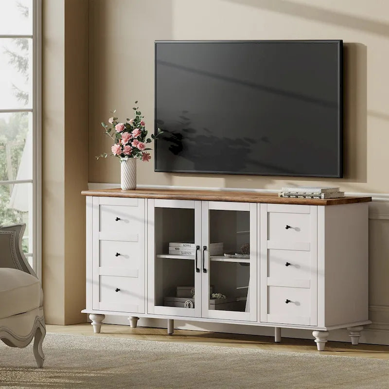 Meuble TV avec portes vitrées de style ferme – Convient aux téléviseurs jusqu'à 110 po