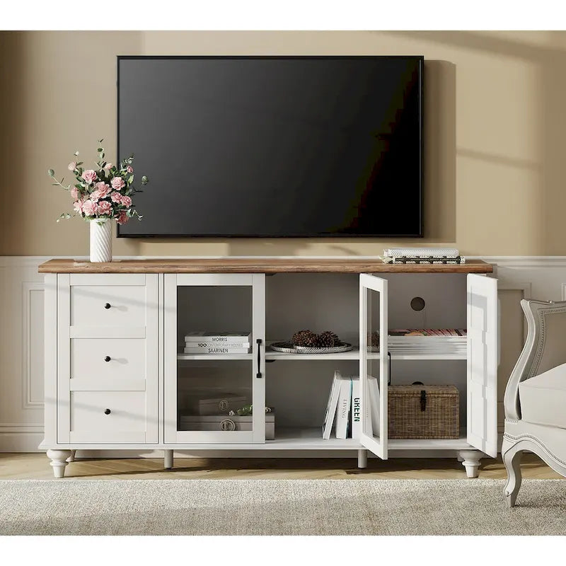Meuble TV avec portes vitrées de style ferme – Convient aux téléviseurs jusqu'à 110 po
