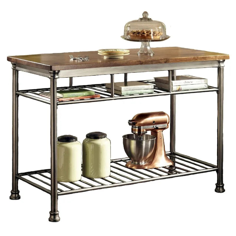 Îlot de cuisine avec plateau en bois de boucher couleur caramel et base en métal gunmetal, avec 2 étagères