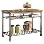 Îlot de cuisine avec plateau en bois de boucher couleur caramel et base en métal gunmetal, avec 2 étagères