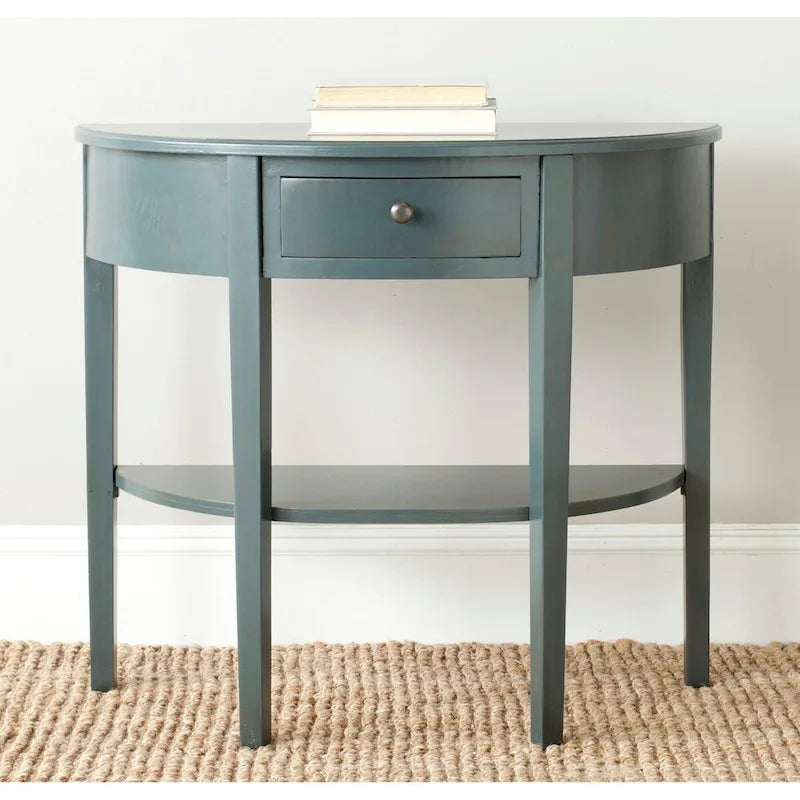 Table console demi-lune shabby chic avec tiroir et étagère inférieure – Plusieurs coloris