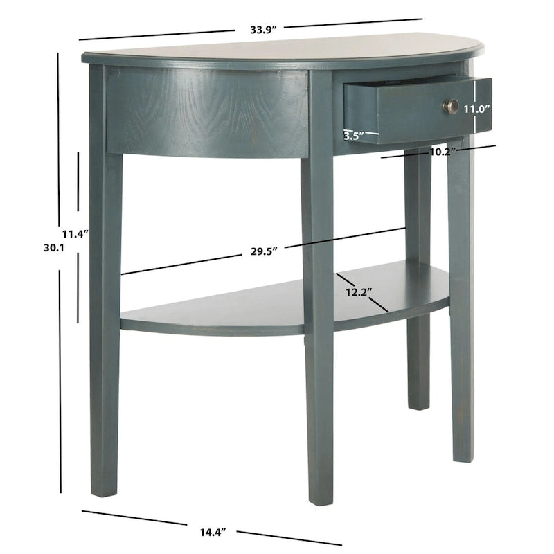 Table console demi-lune shabby chic avec tiroir et étagère inférieure – Plusieurs coloris