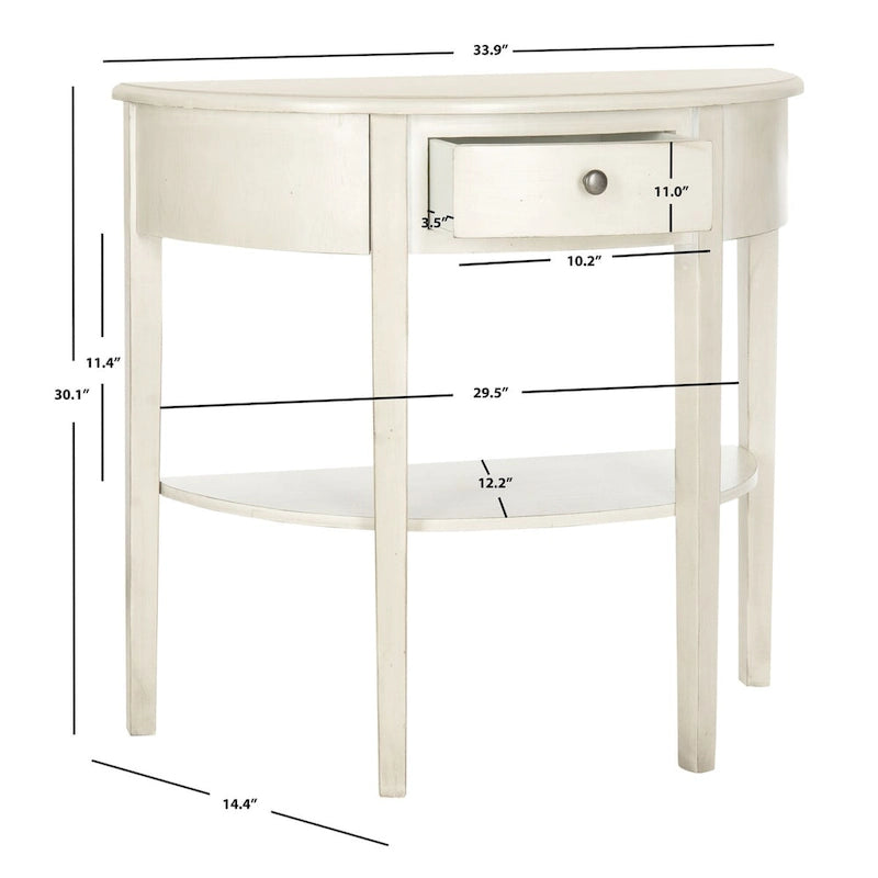 Table console demi-lune shabby chic avec tiroir et étagère inférieure – Plusieurs coloris