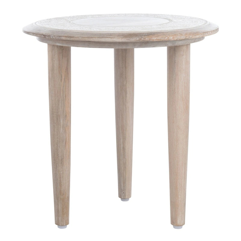 Table d'appoint florale sculptée en bois de manguier blanchi